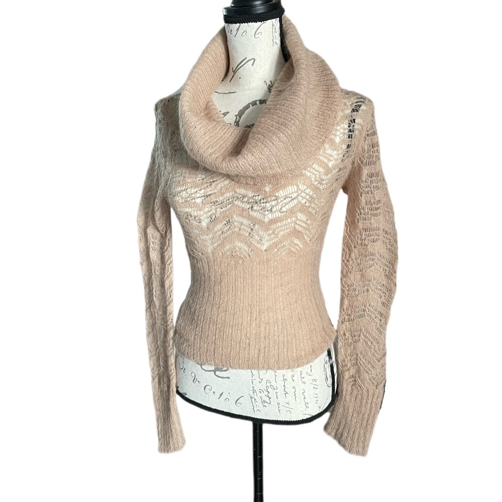 Bebe Cozy Tan Beige Cowl Neck Mohair Sweater Open Crochet Zig Zag - M
